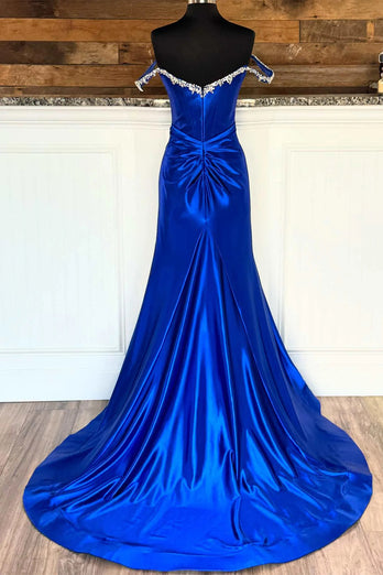 Royal Blue Off the Shoulder Corset Beaded Long Prom Dress with Slit