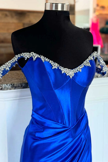 Royal Blue Off the Shoulder Corset Beaded Long Prom Dress with Slit