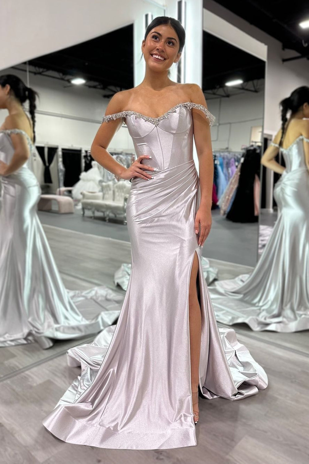 Silver Mermaid Off the Shoulder Corset Long Prom Dress with Slit