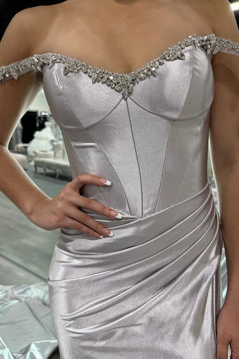 Silver Mermaid Off the Shoulder Corset Long Prom Dress with Slit