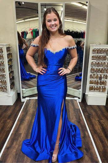 Royal Blue Off the Shoulder Corset Beaded Long Prom Dress with Slit