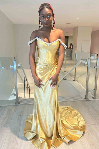 Silver Mermaid Off the Shoulder Corset Long Prom Dress with Slit