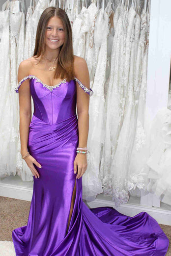 Silver Mermaid Off the Shoulder Corset Long Prom Dress with Slit