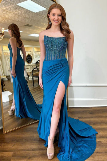 Red Strapless Mermaid Sequined Long Prom Dress with Slit