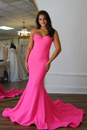 Hot Pink Mermaid Strapless Corset Satin Long Prom Dress