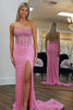 Load image into Gallery viewer, Pink Strapless Mermaid Corset Sparkly Long Prom Dress with Slit