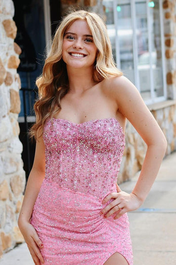 Pink Strapless Mermaid Corset Sparkly Long Prom Dress with Slit