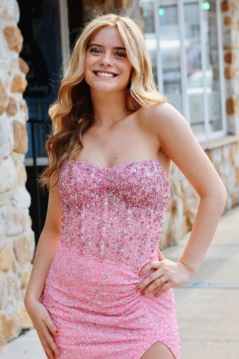 Load image into Gallery viewer, Pink Strapless Mermaid Corset Sparkly Long Prom Dress with Slit