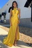 Load image into Gallery viewer, Yellow Mermaid Neck Collar Satin Long Prom Dress with Slit