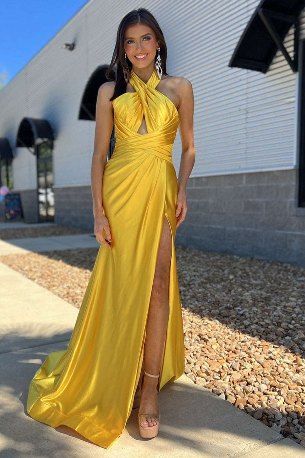 Yellow Mermaid Neck Collar Satin Long Prom Dress with Slit