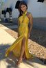 Load image into Gallery viewer, Yellow Mermaid Neck Collar Satin Long Prom Dress with Slit