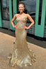 Load image into Gallery viewer, Sparkly Golden Mermaid Strapless Corset Long Prom Dress with Sequins