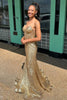 Load image into Gallery viewer, Sparkly Golden Mermaid Strapless Corset Long Prom Dress with Sequins