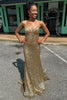 Load image into Gallery viewer, Sparkly Golden Mermaid Strapless Corset Long Prom Dress with Sequins