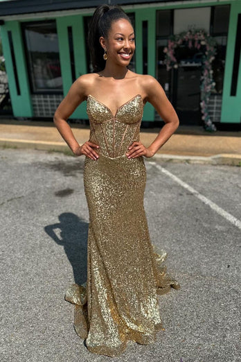 Sparkly Golden Mermaid Strapless Corset Long Prom Dress with Sequins