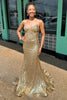 Load image into Gallery viewer, Sparkly Golden Mermaid Strapless Corset Long Prom Dress with Sequins