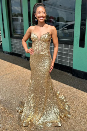 Sparkly Golden Mermaid Strapless Corset Long Prom Dress with Sequins