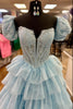 Load image into Gallery viewer, Sparkly Blue A-Line Off the Shoulder Illusion Corset Long Prom Dress with Sequins