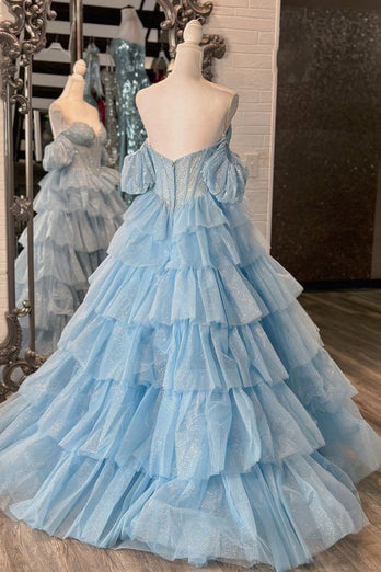 Sparkly Blue A-Line Off the Shoulder Illusion Corset Long Prom Dress with Sequins