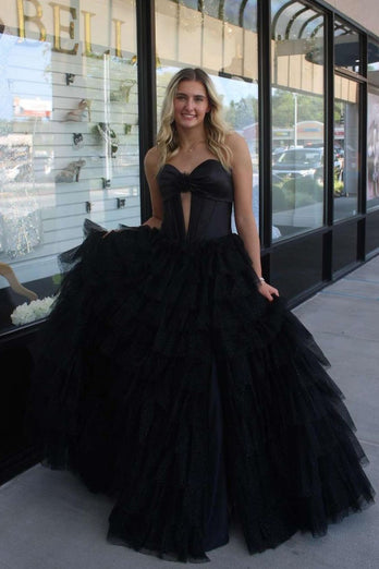 Black A-Line Tulle Strapless Corset Long Prom Dress