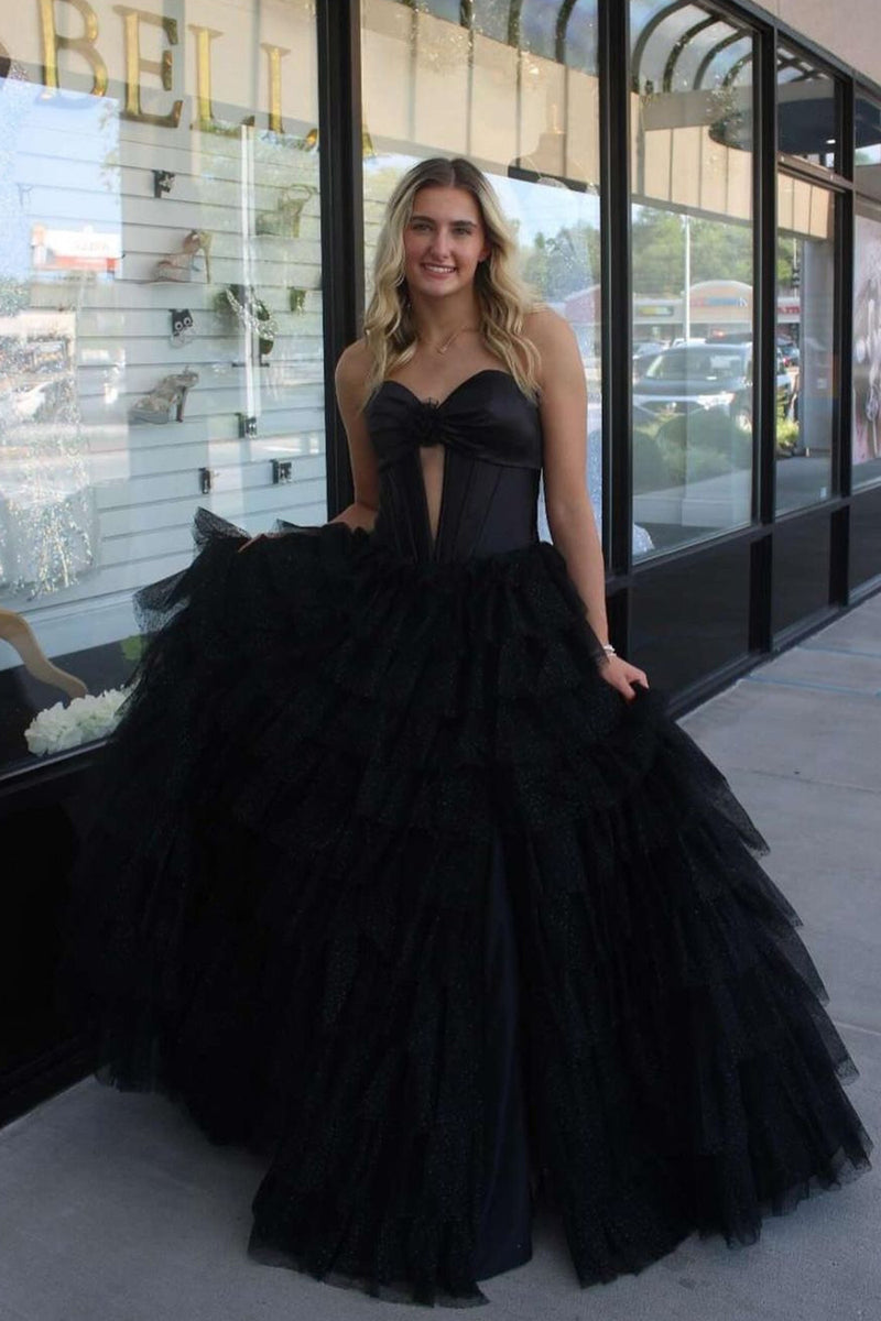 Load image into Gallery viewer, Black A-Line Tulle Strapless Corset Long Prom Dress