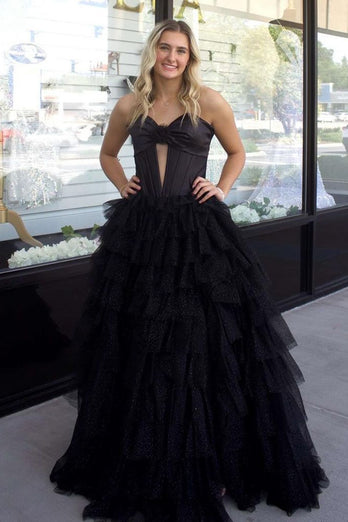 Black A-Line Tulle Strapless Corset Long Prom Dress