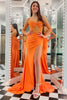 Load image into Gallery viewer, Orange Mermaid Satin Strapless Corset Long Prom Dress with Slit