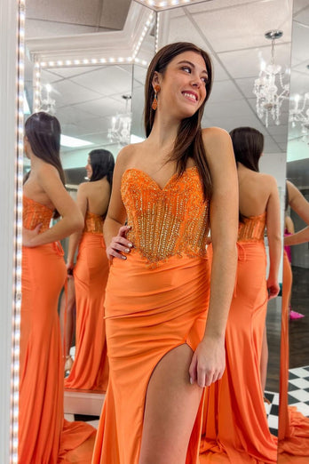 Orange Mermaid Satin Strapless Corset Long Prom Dress with Slit