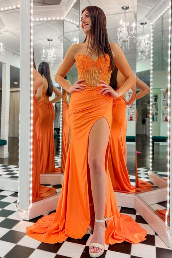 Orange Mermaid Satin Strapless Corset Long Prom Dress with Slit