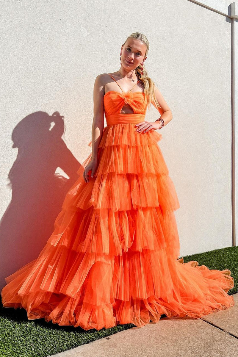 Load image into Gallery viewer, Orange A-Line Tulle Spaghetti Straps Long Prom Dress with Flower