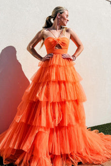 Orange A-Line Tulle Spaghetti Straps Long Prom Dress with Flower