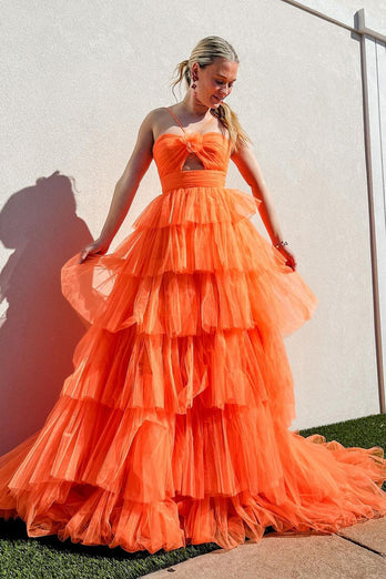 Orange A-Line Tulle Spaghetti Straps Long Prom Dress with Flower