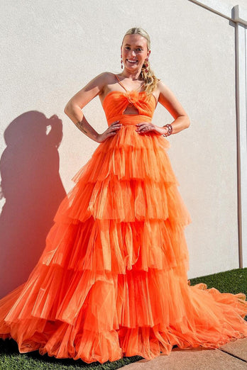 Orange A-Line Tulle Spaghetti Straps Long Prom Dress with Flower