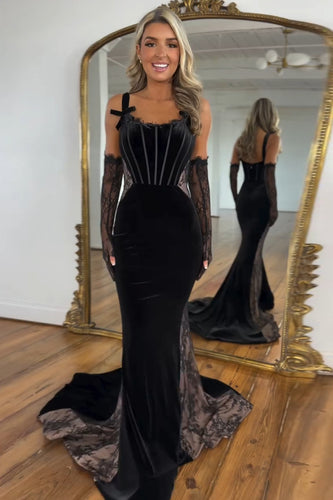 Black Mermaid Velvet Spaghetti Straps Corset Long Prom Dress (Gloves are not included)