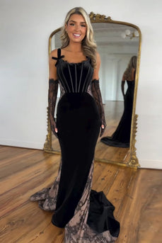 Black Mermaid Velvet Spaghetti Straps Corset Long Prom Dress (Gloves are not included)