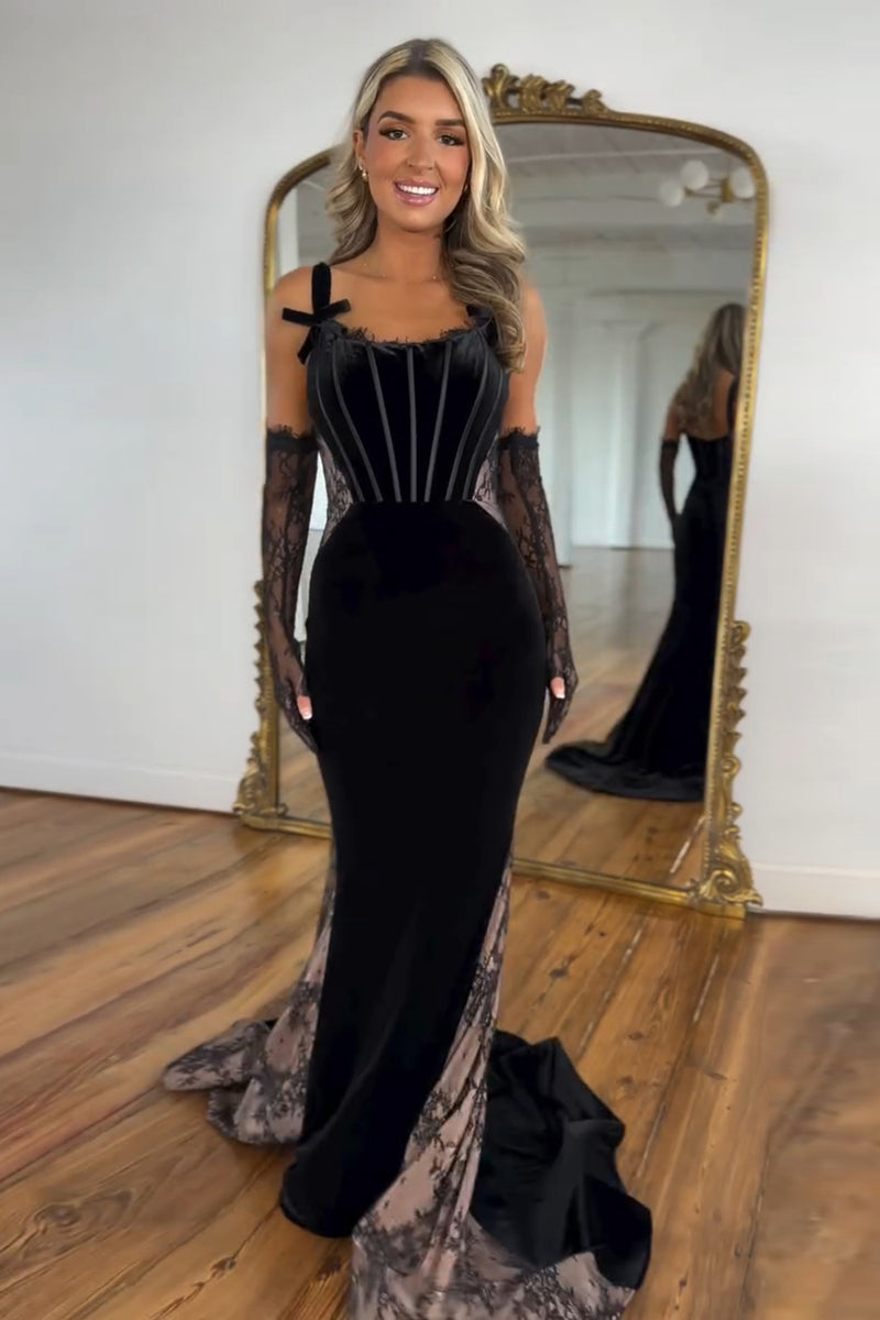 Load image into Gallery viewer, Black Mermaid Velvet Spaghetti Straps Corset Long Prom Dress