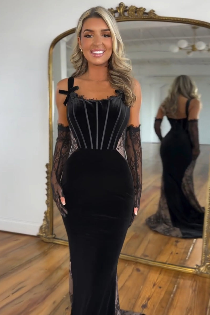 Load image into Gallery viewer, Black Mermaid Velvet Spaghetti Straps Corset Long Prom Dress