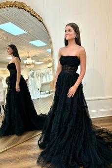 Classic Black A-Line Strapless Corset Tulle Long Prom Dress