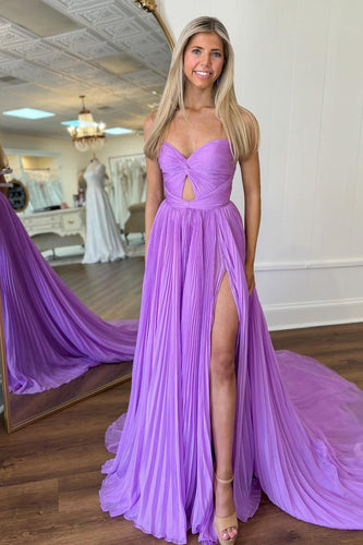 Simple Purple Mermaid Strapless Tulle Long Prom Dress with Slit