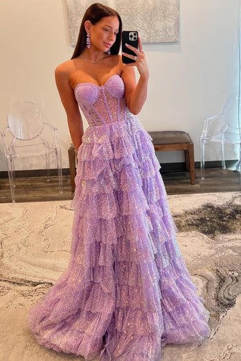 Purple A-Line Strapless Sparkly Corset Long Prom Dress with Sequins