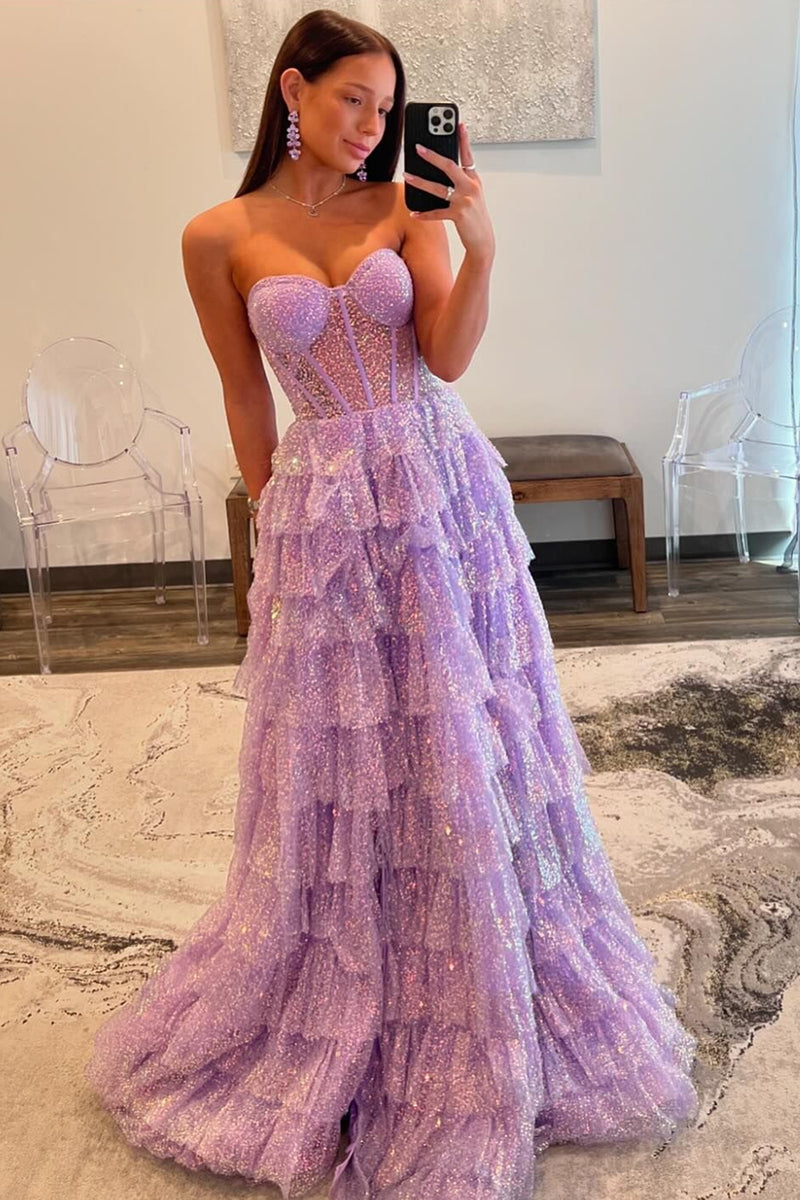 Load image into Gallery viewer, Purple A-Line Strapless Sparkly Corset Long Prom Dress with Sequins