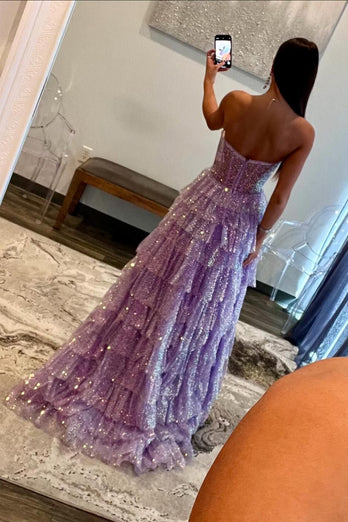 Purple A-Line Strapless Sparkly Corset Long Prom Dress with Sequins