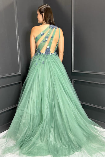 Green A-Line One Shoulder Tulle Long Prom Dress with Flowers