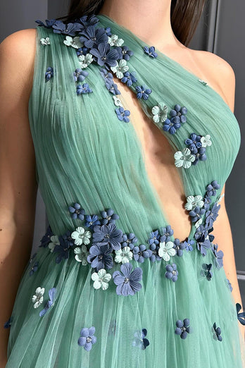 Green A-Line One Shoulder Tulle Long Prom Dress with Flowers