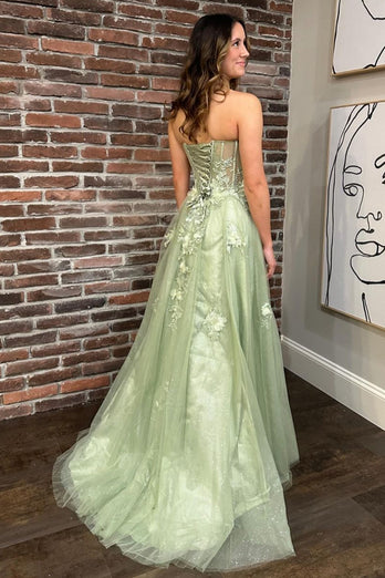 Green A-Line Strapless Corset Long Prom Dress with Appliques