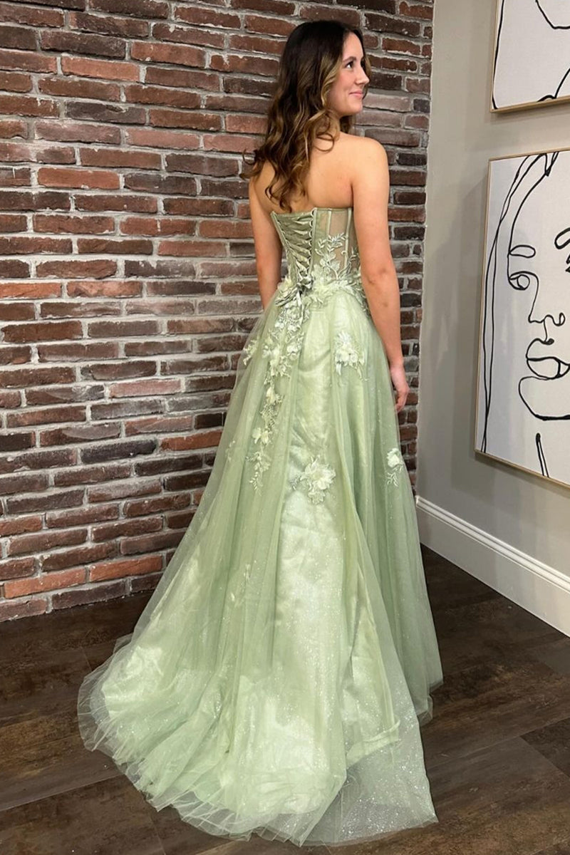 Load image into Gallery viewer, Green A-Line Strapless Corset Long Prom Dress with Appliques