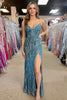 Load image into Gallery viewer, Blue Mermaid Spaghrtti Straps Jacquard Long Prom Dress with Slit