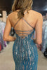 Load image into Gallery viewer, Blue Mermaid Spaghrtti Straps Jacquard Long Prom Dress with Slit