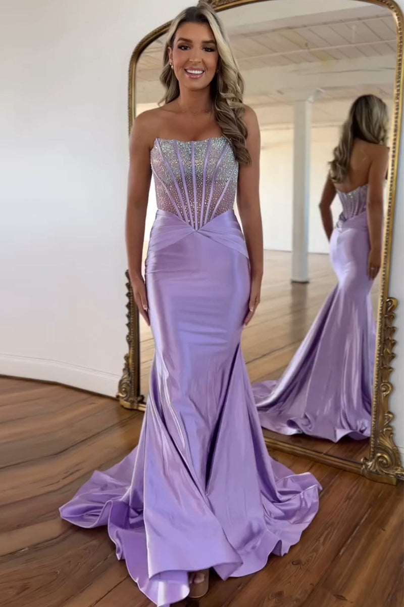 Load image into Gallery viewer, Sparkly Purple Strapless Mermaid Corset Long Prom Dress