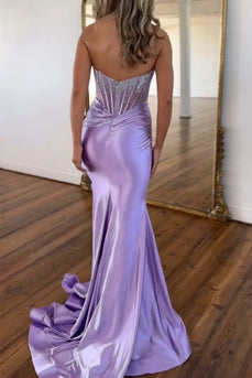 Sparkly Lilac Strapless Mermaid Corset Long Prom Dress